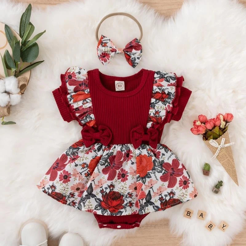 Robe Été Fleurie avec Noeud Bébé Fille – Coton & Élastane, 0-18 Mois