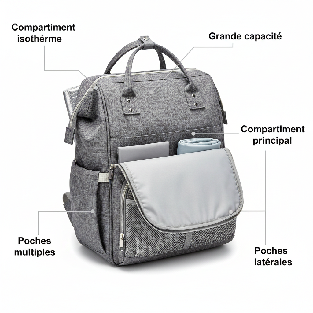 Sac à langer gris avec compartiments