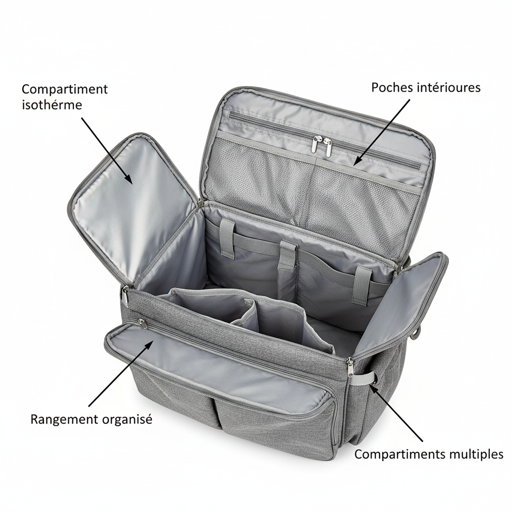 Sac à langer gris ouvert avec compartiments